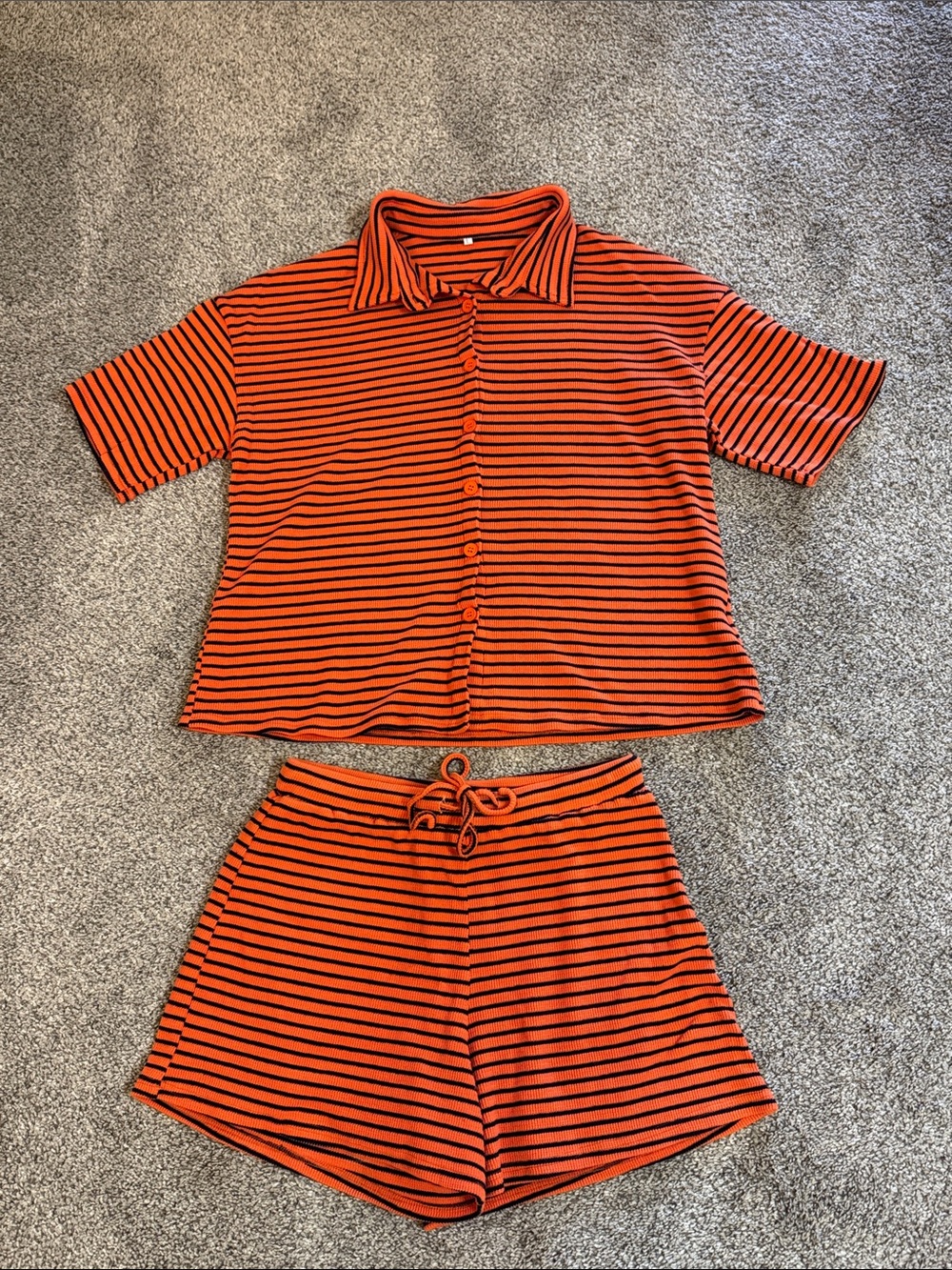 Women’s Orange and Navy Striped Set - Button Down Top & Drawstring Shorts